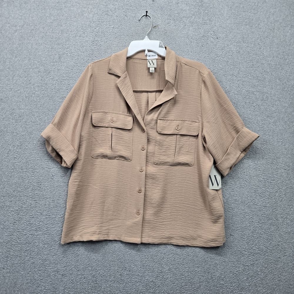 Worthington Women Blouse L Beige Gauze Button Up Short Sleeve Pockets Collar NWT